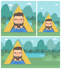 Image showing Man lying in camping tent vector illustration.