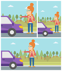 Image showing Young woman hitchhiking vector illustration.