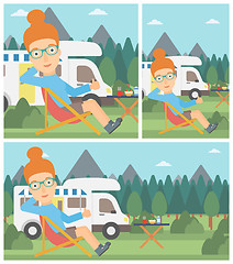 Image showing Woman sitting in chair in front of camper van.