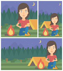 Image showing Woman kindling campfire vector illustration.