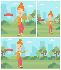 Image showing Woman playing flying disc vector illustration.