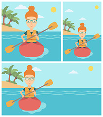 Image showing Woman riding in kayak vector illustration.