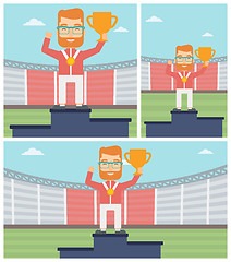 Image showing Sportsman celebrating on the winners podium.