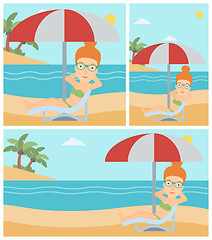 Image showing Woman relaxing on beach chair vector illustration.