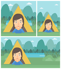 Image showing Woman lying in camping tent vector illustration.