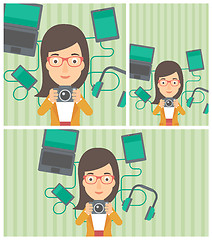 Image showing Young woman surrounded with her gadgets.