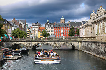 Image showing COPENHAGEN, DENMARK - AUGUST 14, 2016: View of canal, boat with 