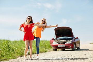 Image showing women with broken car hitchhiking at countryside