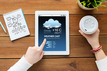 Image showing close up of woman with tablet pc on wooden table