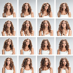 Image showing The collage from different woman emotions on gray background