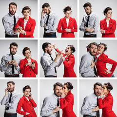 Image showing The collage from images of young businessman and businesswoman on gray background