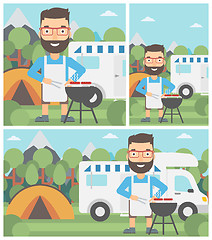 Image showing Man having barbecue in front of camper van.