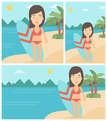 Image showing Surfer holding surfboard vector illustration.