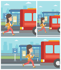 Image showing Latecomer woman running for the bus.