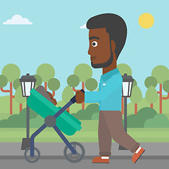 Image showing Father walking with his baby in stroller.