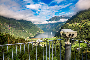 Image showing Geiranger fjord view point Lookout observation deck, Norway.