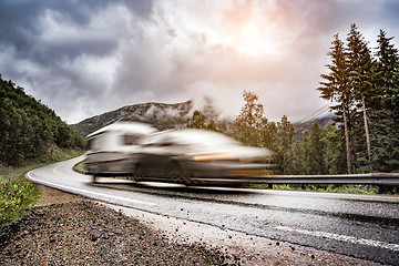 Image showing Caravan car trailer travels on the highway.