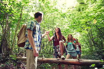 Image showing group of smiling friends with backpacks hiking