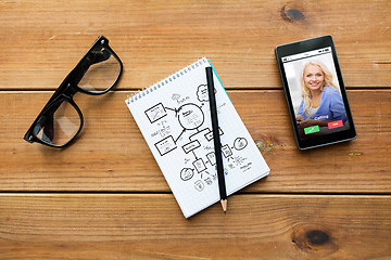 Image showing close up of notepad, smartphone and eyeglasses