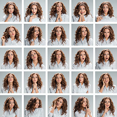 Image showing The collage from different woman emotions on gray background