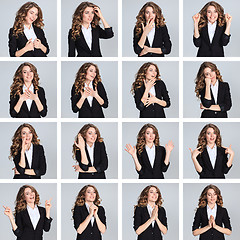 Image showing The collage from different woman emotions on gray background