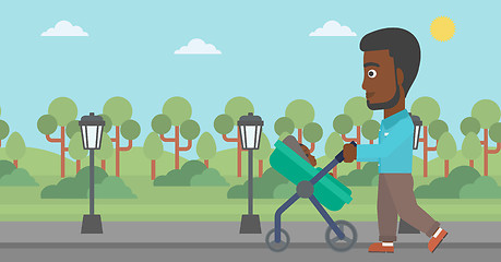 Image showing Father walking with his baby in stroller.