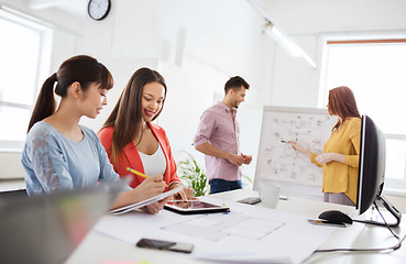 Image showing happy creative team with tablet pc at office