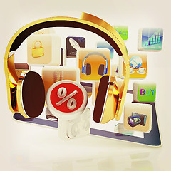 Image showing Phone gold on tablet pc with cloud of media application Icons, a
