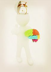 Image showing 3d people - man with half head, brain and trumb up. Time concept