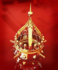 Image showing Gold crown isolated on red background . 3D illustration. Vintage