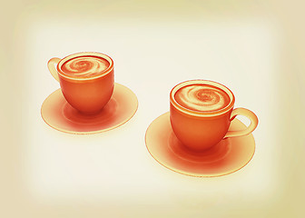 Image showing Coffee cups on saucer. 3D illustration. Vintage style.