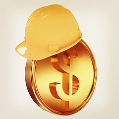 Image showing Hard hat on gold dollar coin. 3D illustration. Vintage style.