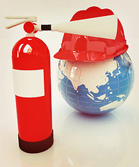Image showing Red fire extinguisher and hardhat on earth. 3D illustration. Vin