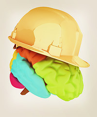 Image showing hard hat on brain. 3D illustration. Vintage style.