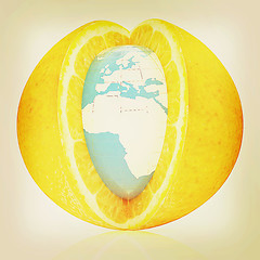 Image showing Earth on orange fruit. Creative conceptual image. . 3D illustrat