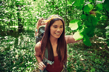 Image showing group of smiling friends with backpacks hiking