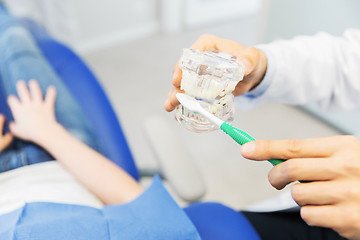 Image showing close up of dentist showing teeth maquette to girl