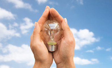 Image showing close up of hands holding edison lamp or lightbulb