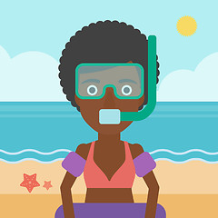 Image showing Woman with snorkeling equipment on the beach.