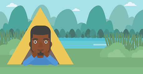 Image showing Man lying in camping tent vector illustration.