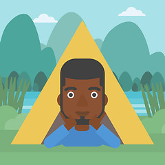 Image showing Man lying in camping tent vector illustration.