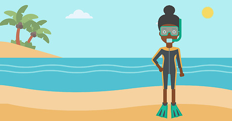 Image showing Female scuba diver on beach vector illustration.
