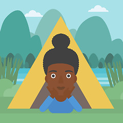 Image showing Woman lying in camping tent vector illustration.