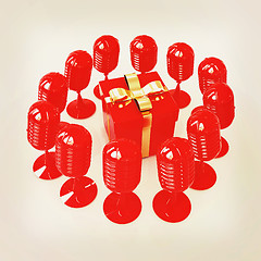 Image showing microphones around gift box. 3D illustration. Vintage style.