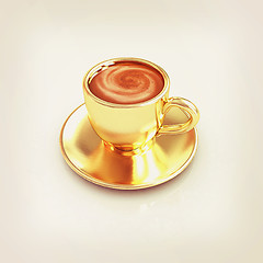 Image showing Gold coffee cup on saucer. 3D illustration. Vintage style.