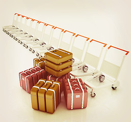 Image showing Trolleys for luggages at the airport and luggages . 3D illustrat