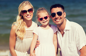 Image showing happy family in sunglasses on summer beach