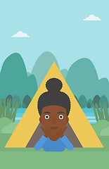 Image showing Woman lying in camping tent vector illustration.