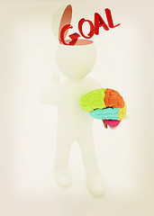 Image showing 3d people - man with half head, brain and trumb up. Goal concept