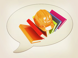 Image showing messenger window icon and Hard hat on a colorful books . 3D illu